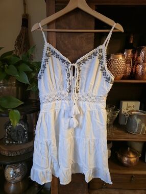 Caribbean Vibes White Cotton Sun Dress with Embroidered Bust, med/lg